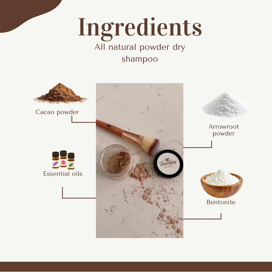 BareRoots Powder ingredients graphic showing cacao powder, arrowroot powder blend, essential oils, and bentonite